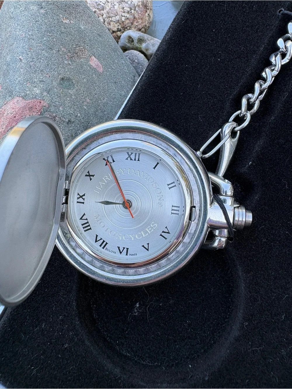 Harley-Davidson BULOVA Brushed Silver Pocket Watch with Chain & Clip